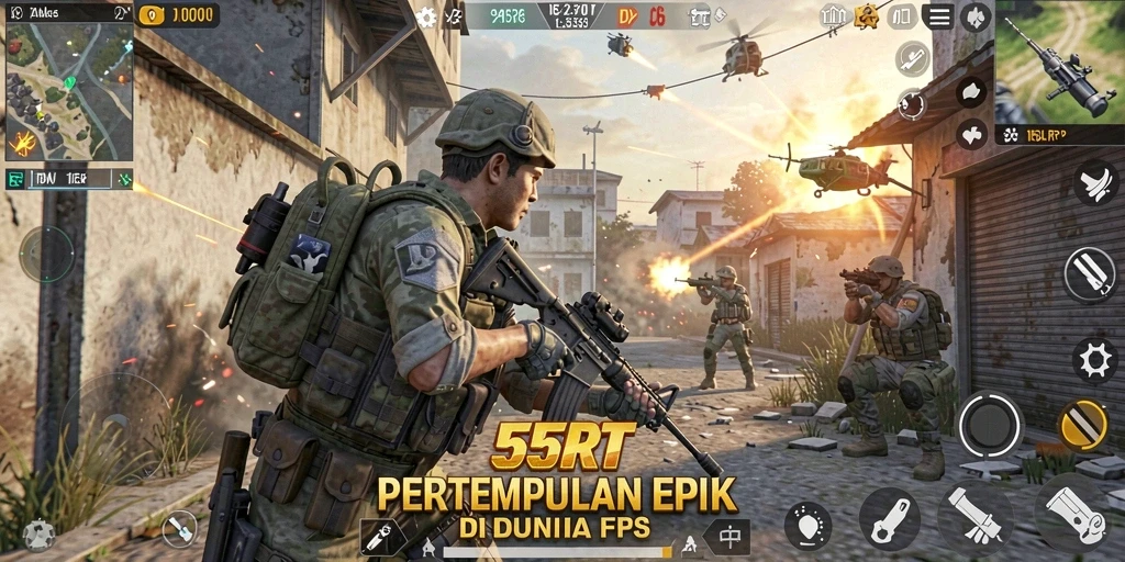 Screenshot utama 55RT menunjukkan aksi tembak-menembak yang mendebarkan di medan perang.