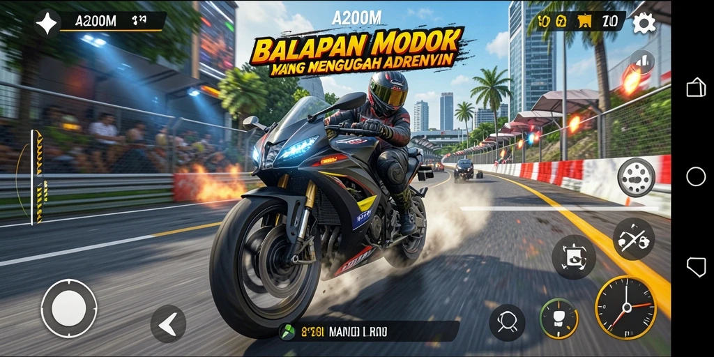Screenshot A200M menampilkan balapan motor yang intens dan mendebarkan.