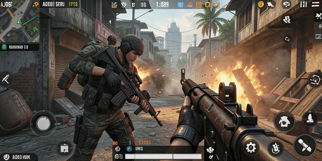 Tampilan aksi seru dari gameplay AJO89 tembak-menembak.