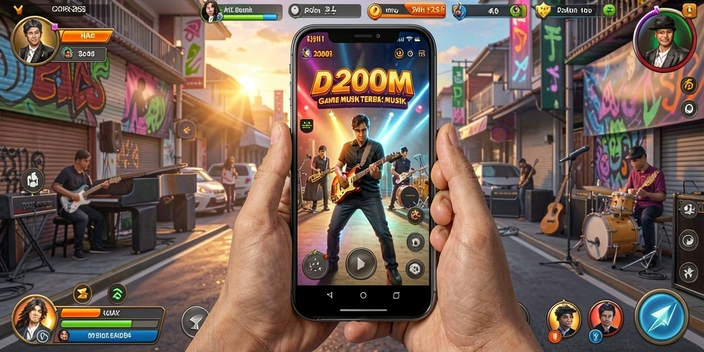 Tangkapan layar gameplay D200M menampilkan alat musik interaktif.