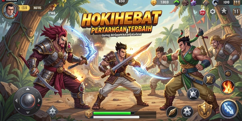 Gameplay HOKIHEBAT menampilkan pertarungan seru dengan karakter yang bervariasi.