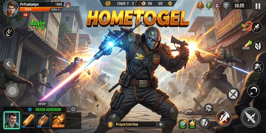 Screenshot HOMETOGEL menunjukkan aksi pertempuran yang mendebarkan.