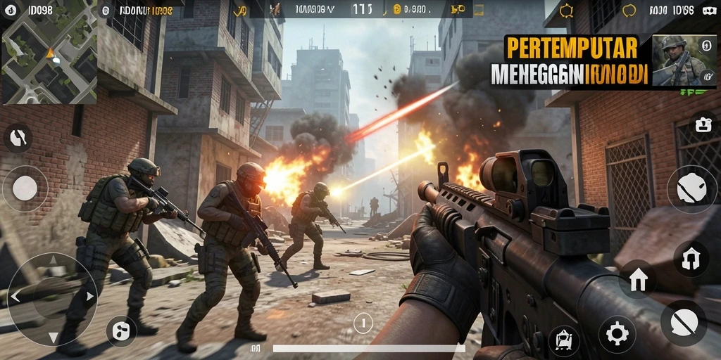 Screenshot gameplay ID098 dengan aksi tembak-menembak yang intens.