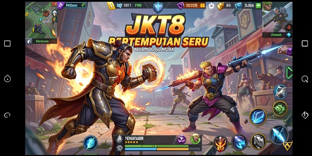Screenshot gameplay JKT8 yang menunjukkan pertempuran seru antara dua tim MOBA.