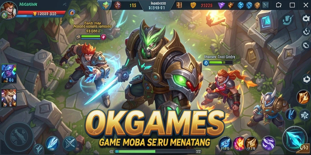 Menampilkan pertempuran seru dalam game MOBA OKGAMES.