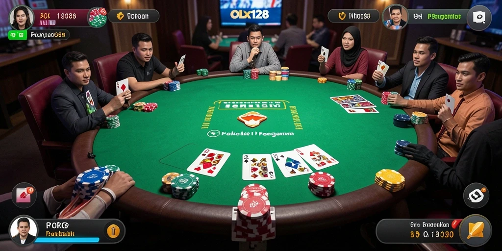 Tampilan gameplay OLX128 yang mendebarkan saat mengadu strategi poker.