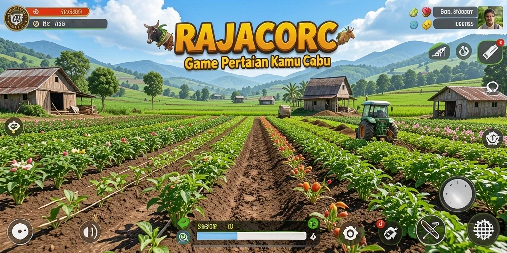 Screenshot gameplay RAJACORC menampilkan ladang hijau yang subur dan hewan ternak.