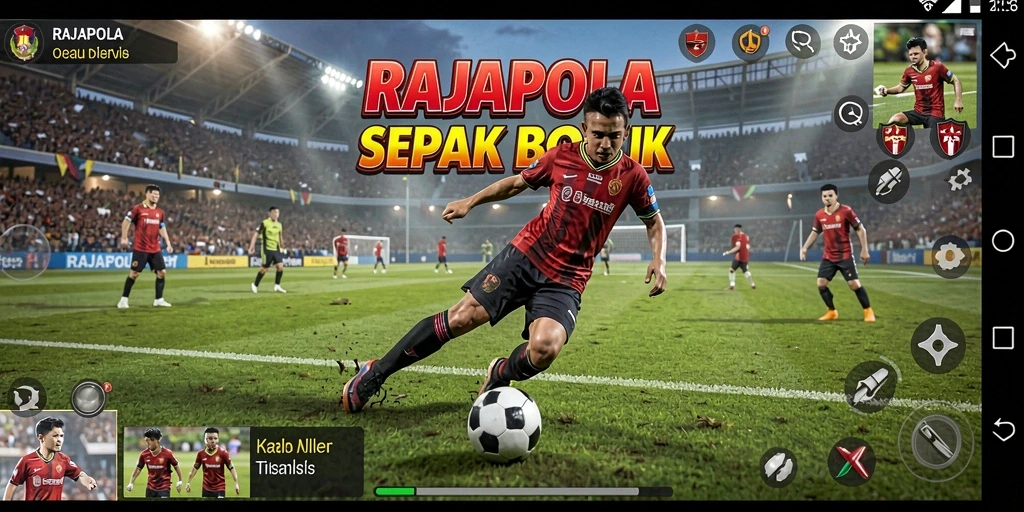 Tampilan gameplay menarik dari RAJAPOLA yang menggambarkan aksi sepak bola.