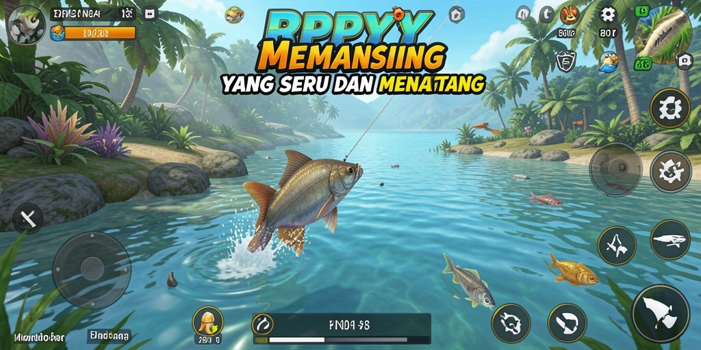 Screenshot RPYYY menampilkan pemain sedang memancing di danau yang indah.