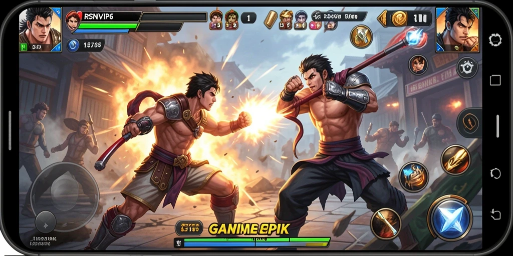 Screenshot RSNVIP6 menampilkan karakter bertarung di arena yang menegangkan.