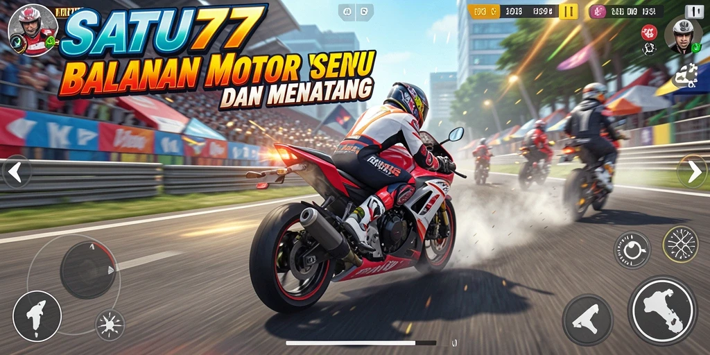 Screenshot gameplay SATU77 menunjukkan adrenalin balapan motor yang mendebarkan.
